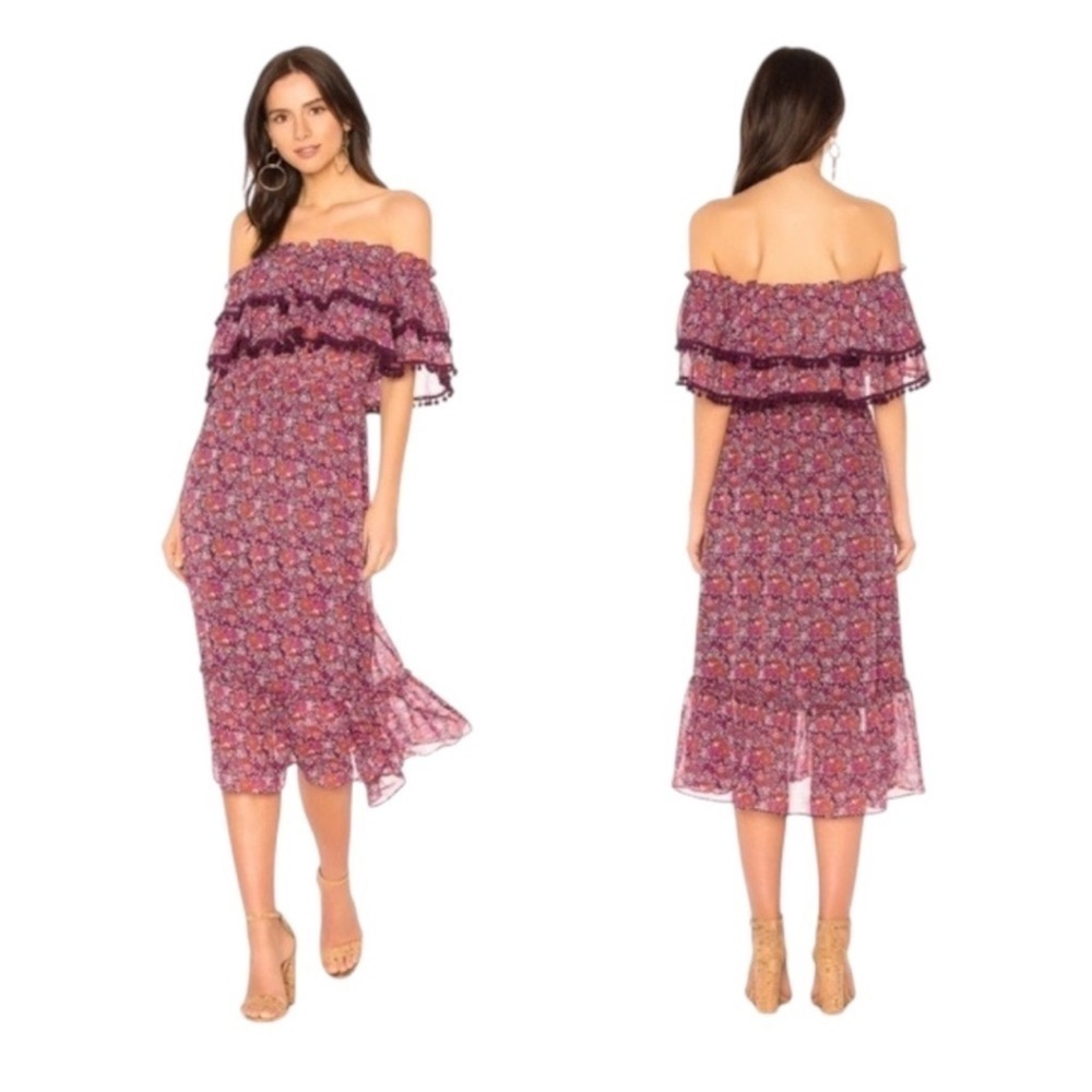 MISA Los Angeles Maribel Off Shoulder Floral Pattern Tiered Pom Pom Midi Dress